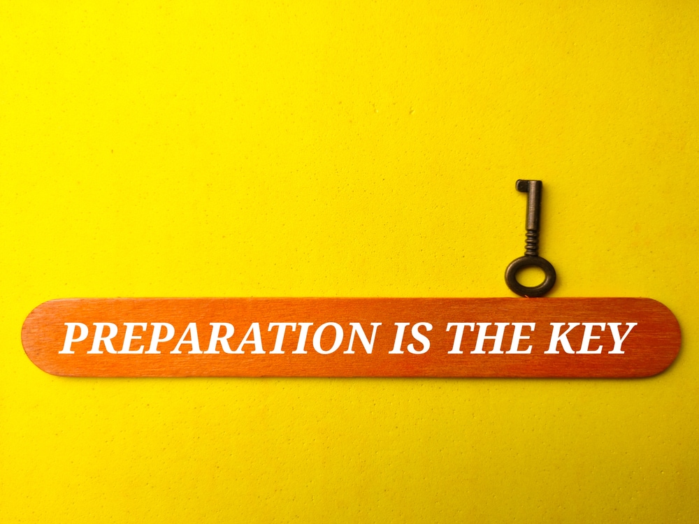 Advantage Stone Fabrication, Berthoud emergency preparedness, yellow background with key and sign "preparation is the Key"