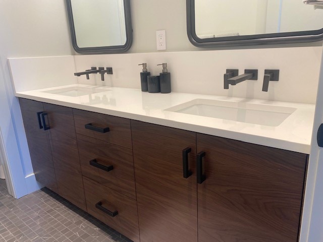 white custom stone bathroom countertop Advantage Stone Fabrication Mead, Longmont, Firestone Colorado